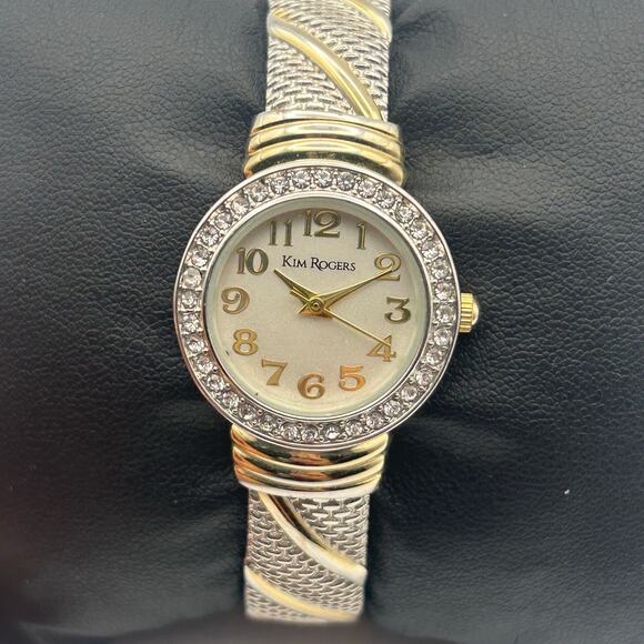 Kim Rogers Silver Gold Crystal Dial Women’s Bangle Watch Working New Battery - Picture 1 of 8